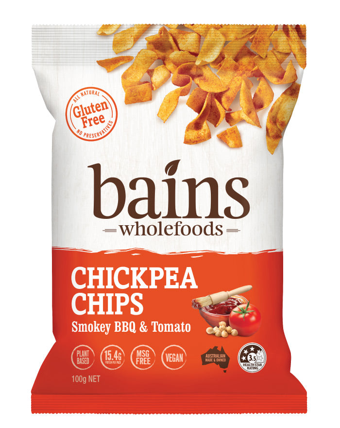 Bains Chickpea Chips Smokey BBQ & Tomato 100g wholesale gluten free chickpea chips for Australian retailers