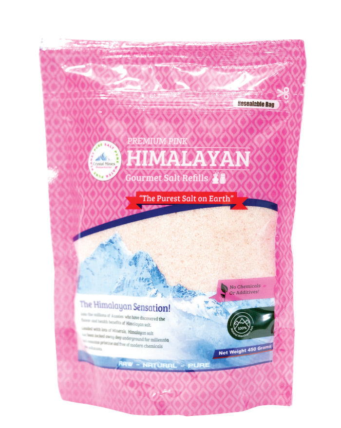 Crystal Mines Himalayan Fine Salt 450g natural finely milled pink salt for cooking and table use