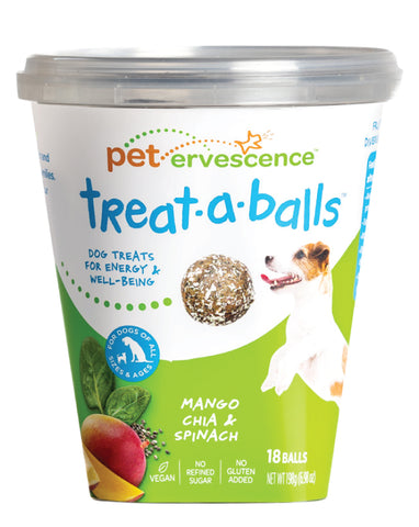 Pet Ervescence Treat-A-Balls Mango Chia & Spinach 198g plant-based dog treats