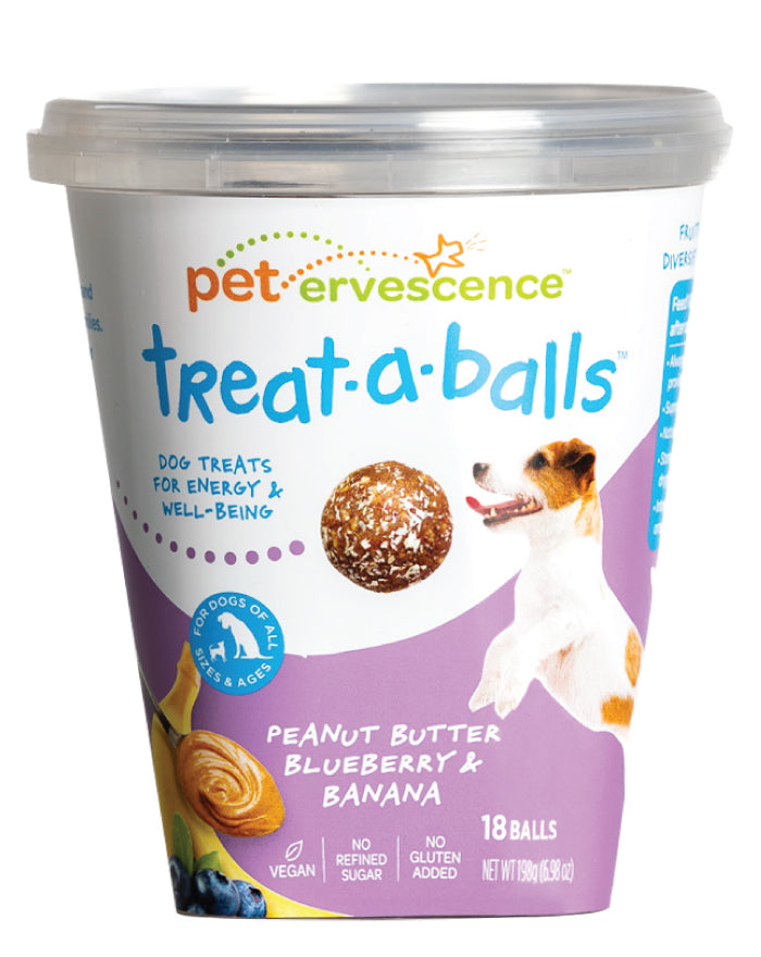 Pet Ervescence Treat-A-Balls Peanut Butter Blueberry & Banana 198g plant-based dog treats