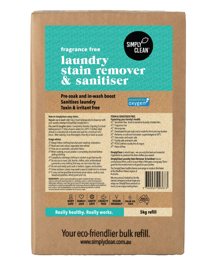 SimplyClean Laundry Stain Remover & Soaker - Fragrance Free Box 5kg bulk refill cleaning product