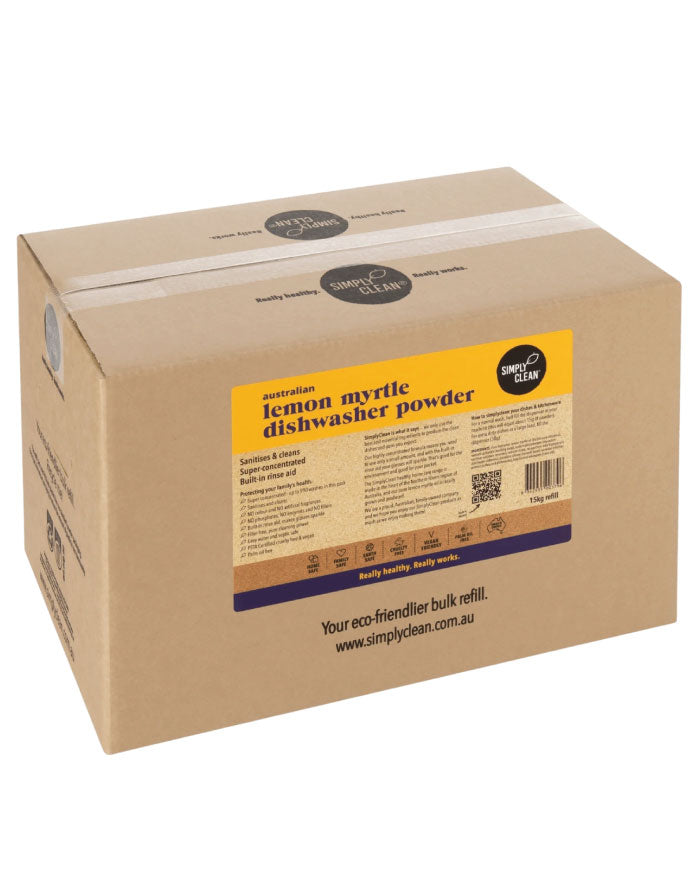 SimplyClean Lemon Myrtle Dishwasher Powder Box 15kg bulk refill cleaning product
