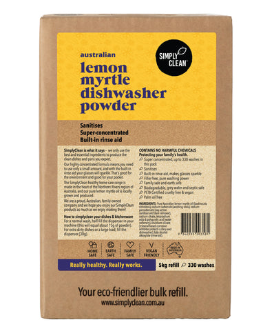 SimplyClean Lemon Myrtle Dishwasher Powder Box 5kg bulk refill cleaning product