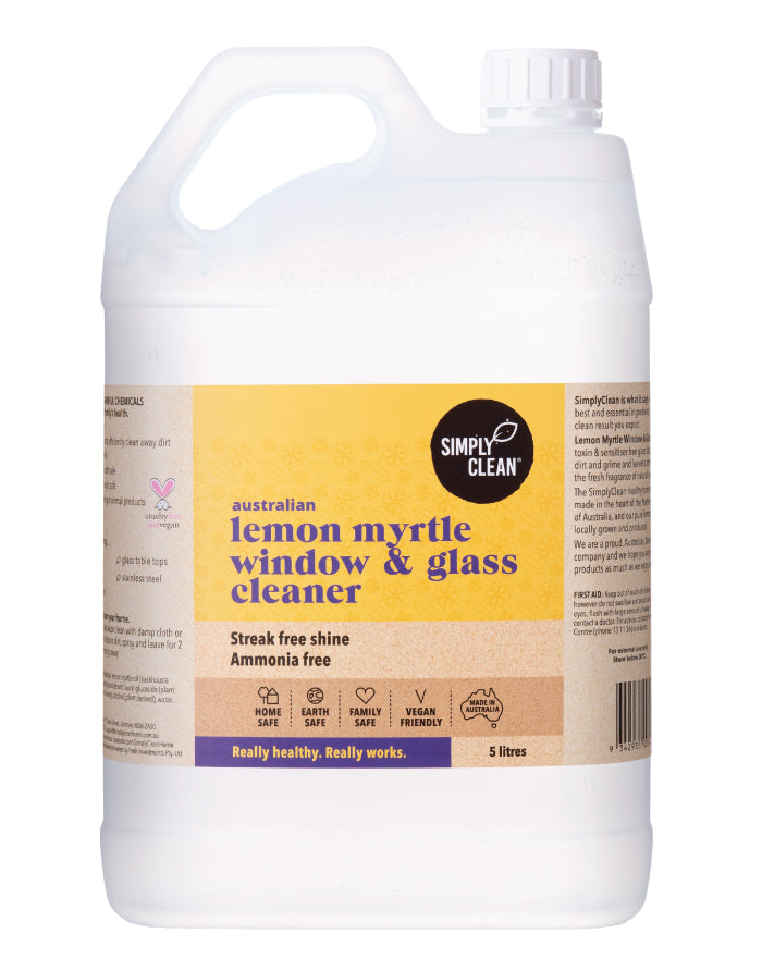 SimplyClean Lemon Myrtle Window & Glass Cleaner 5 ltr bulk refill cleaning product
