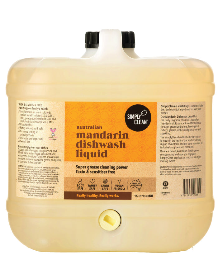 SimplyClean Mandarin Dishwash Liquid 15 ltr bulk refill cleaning product