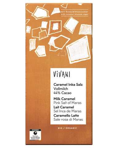 Vivani Organic Chocolate Milk Caramel Pink Salt 100g premium organic chocolate